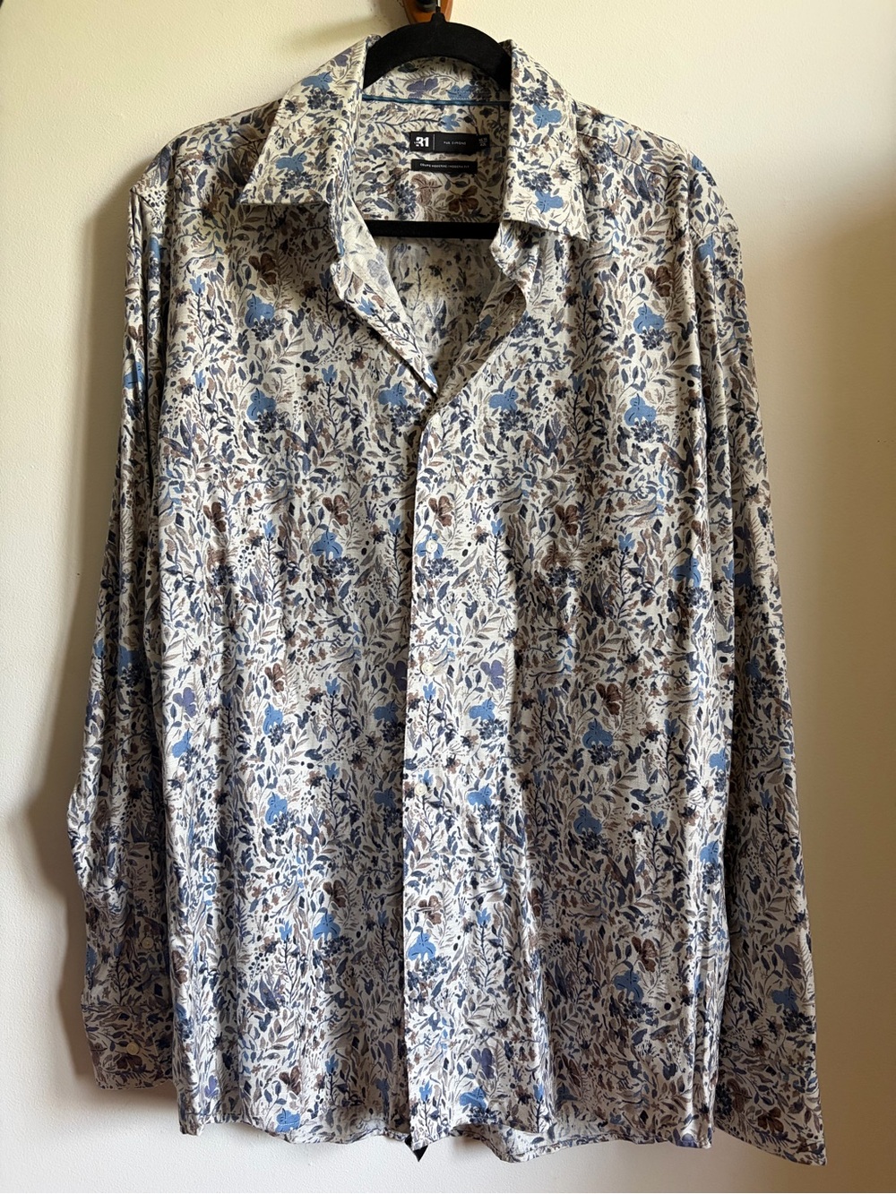Le 31 by Simons White, Blue and Brown Floral Button-Down Shirt Size 42L